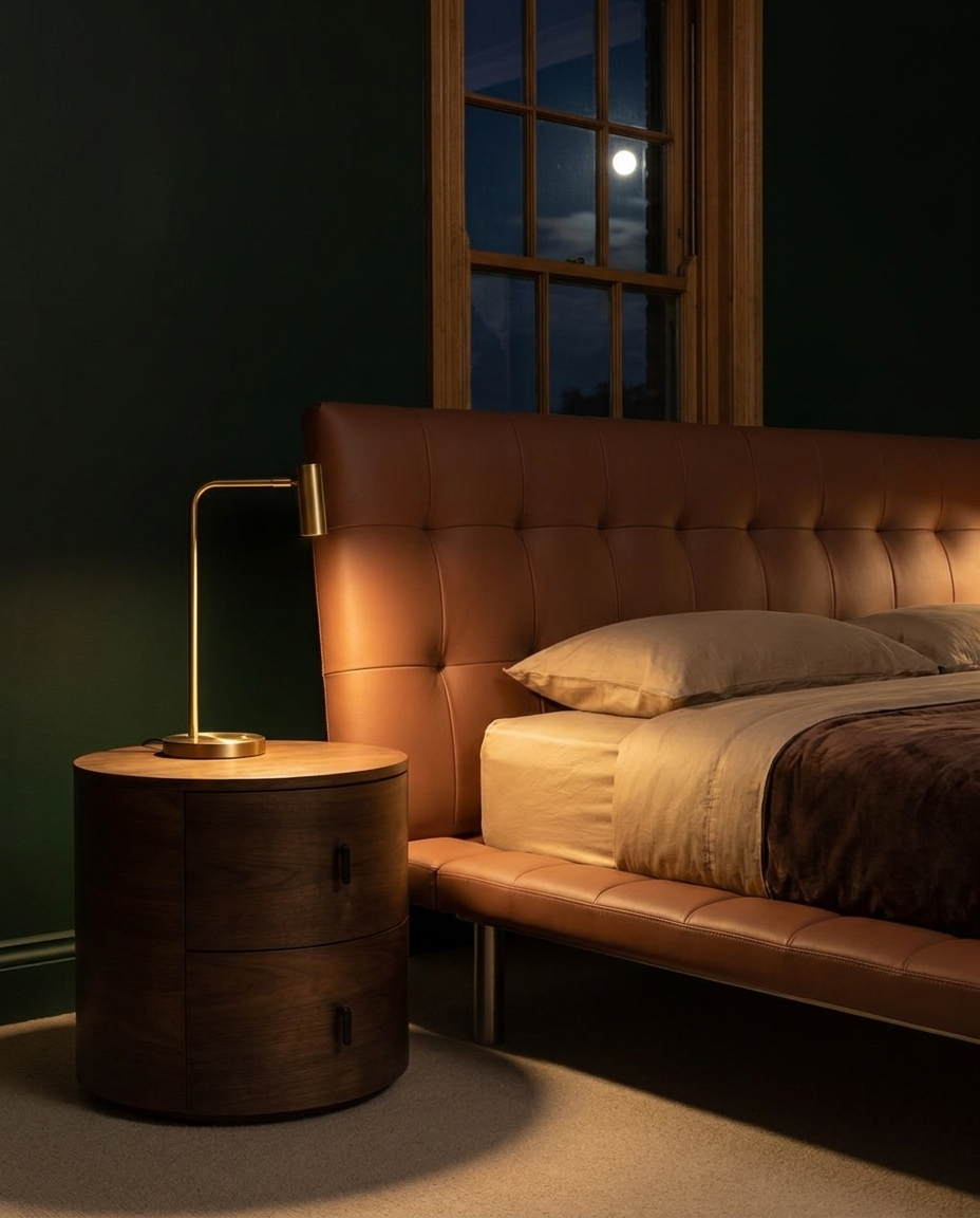 A modern bedroom scene featuring a tufted brown leather bed frame, a matching low-profile footboard, a dark wood nightstand with a brass lamp, and a window showing a night sky with the moon.