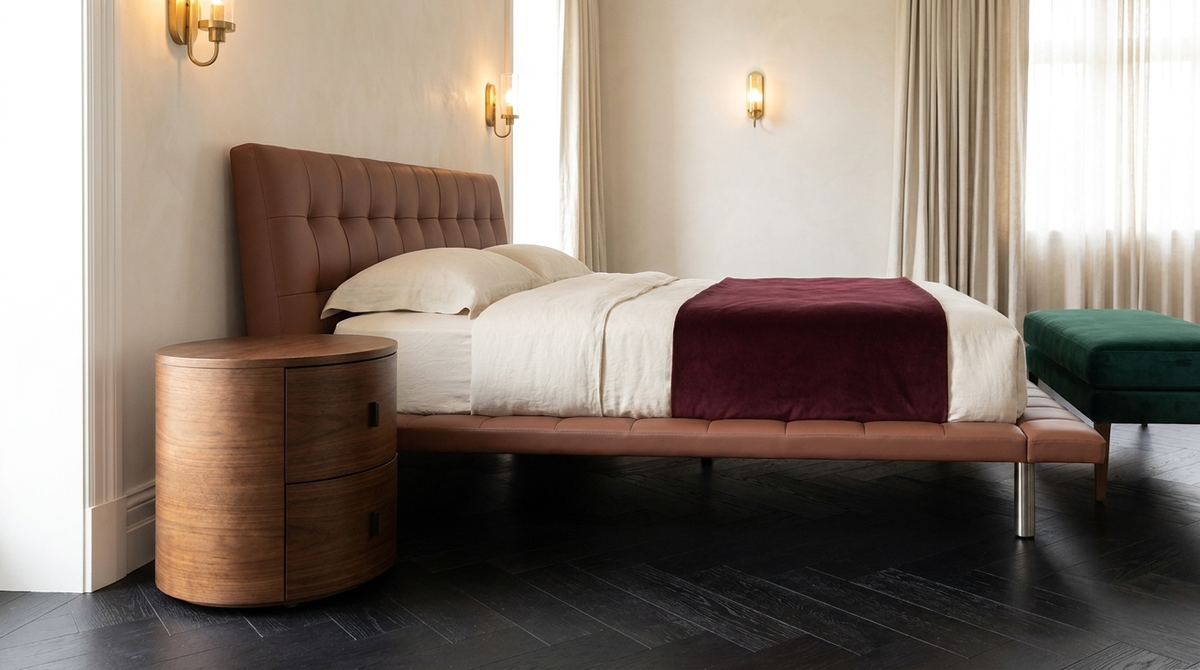 A modern low-profile platform bed with a tufted brown headboard and matching upholstered footboard, styled in a bedroom with white bedding, a burgundy throw, a round wooden nightstand, and wall sconces.