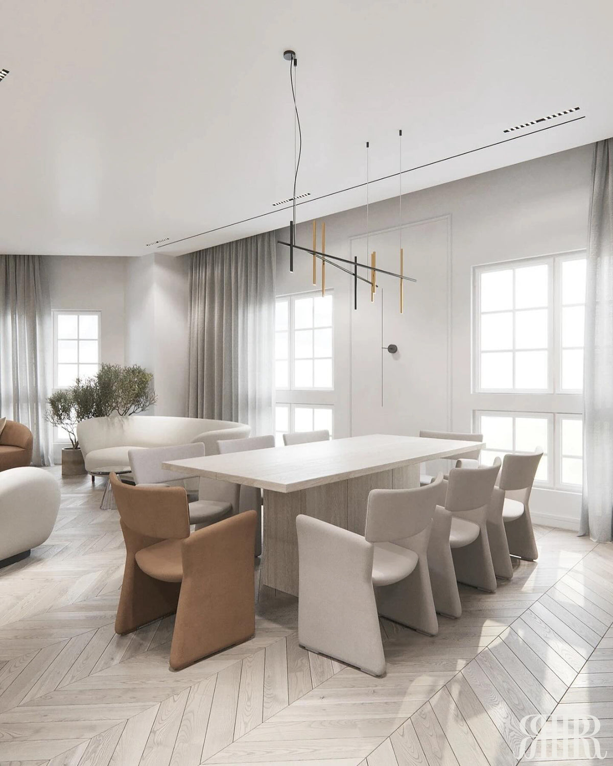 Modern dining room with a white table and chairs in a bright, minimalistic setting.
