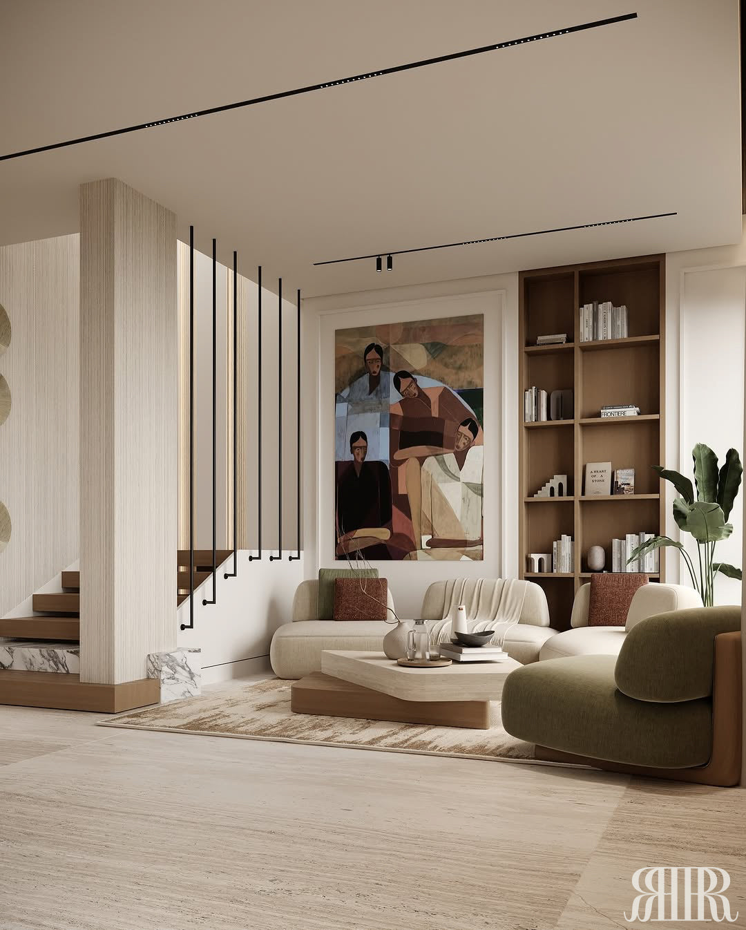 Modern living room with a bookshelf, sofa, and decorative items.