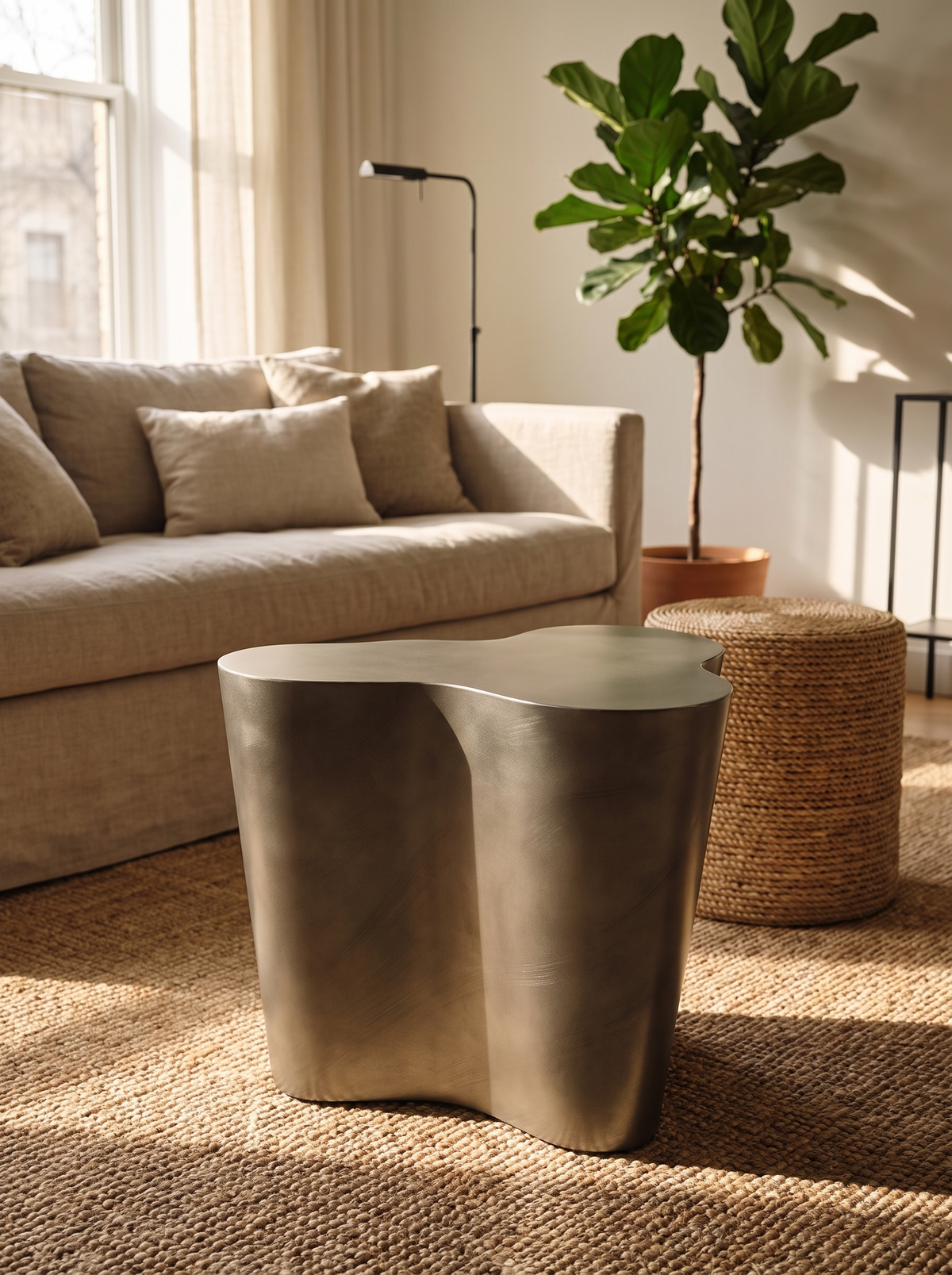 A modern sculptural side table with a wavy, organic shape in a brushed metallic finish, styled in a warm, sunlit living room next to a beige sofa and a potted fiddle-leaf fig plant.