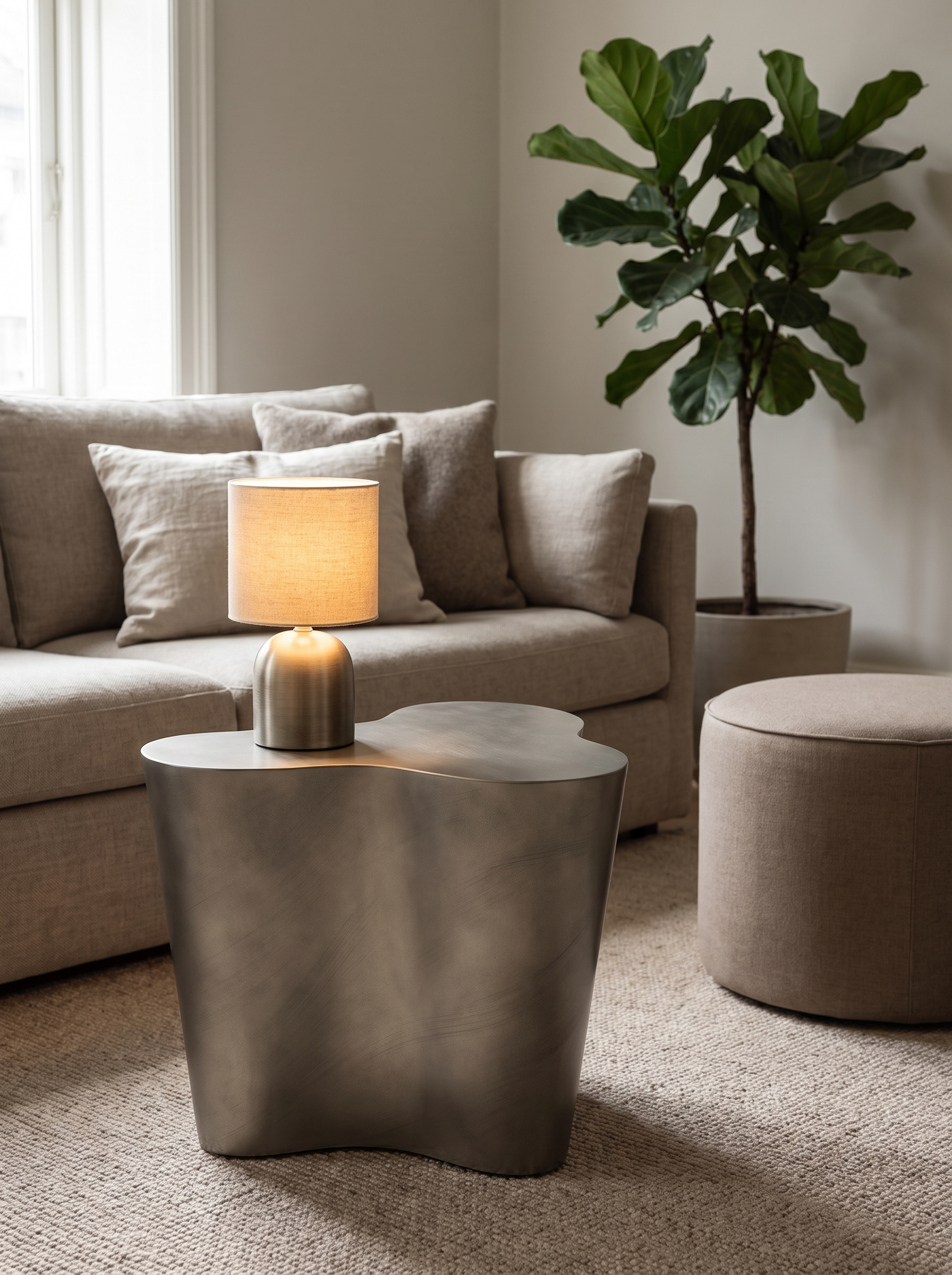 A modern sculptural metallic side table in a styled living room setting, featuring a lit table lamp on top, a beige sofa in the background, and a potted fiddle-leaf fig plant.