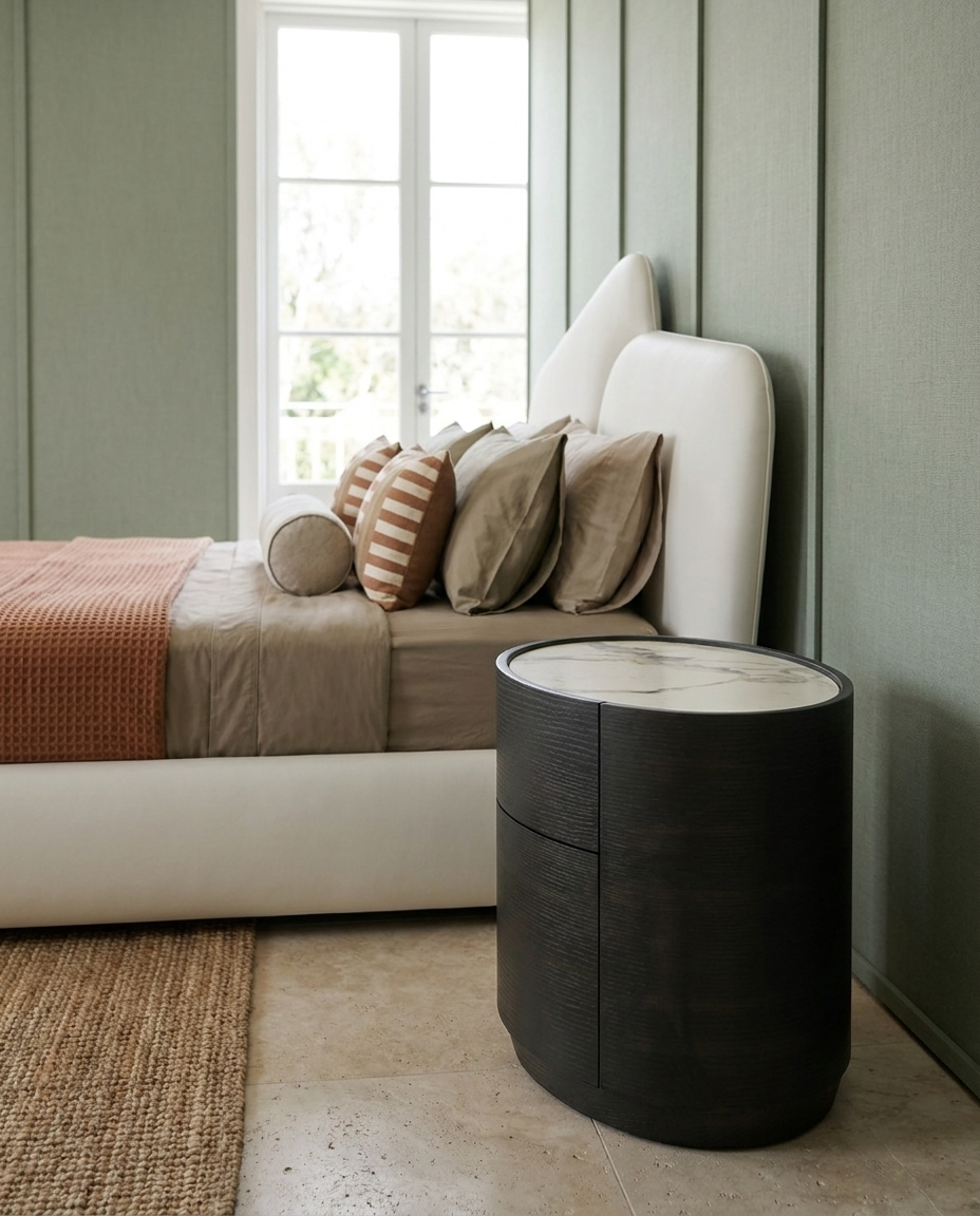 A modern bedroom scene featuring a low-profile platform bed with a white upholstered headboard and side rail, styled with beige and brown pillows and a rust-orange textured throw blanket. A matching dark wood cylindrical side table with a white marble top sits in the foreground against a sage green paneled wall.