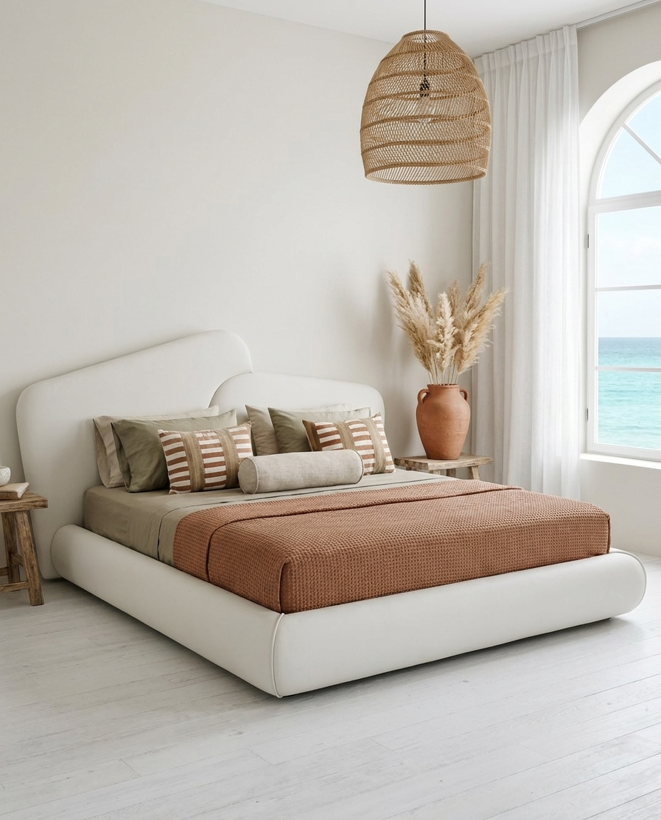 A modern platform bed with a white upholstered frame, styled with a rust-brown textured duvet, striped and solid pillows, and a woven rattan pendant light hanging above in a bright, minimalist bedroom with an ocean view.