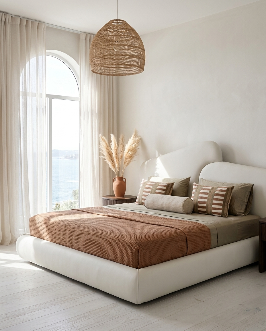 A modern platform bed with a white upholstered frame and a rust-brown textured duvet, styled with striped and solid beige pillows in a bright, minimalist bedroom with an arched window and a woven pendant light.