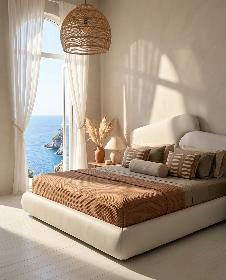 A modern platform bed with a cream upholstered frame and layered brown and beige bedding, styled in a bright Mediterranean bedroom with a large window overlooking the blue sea.