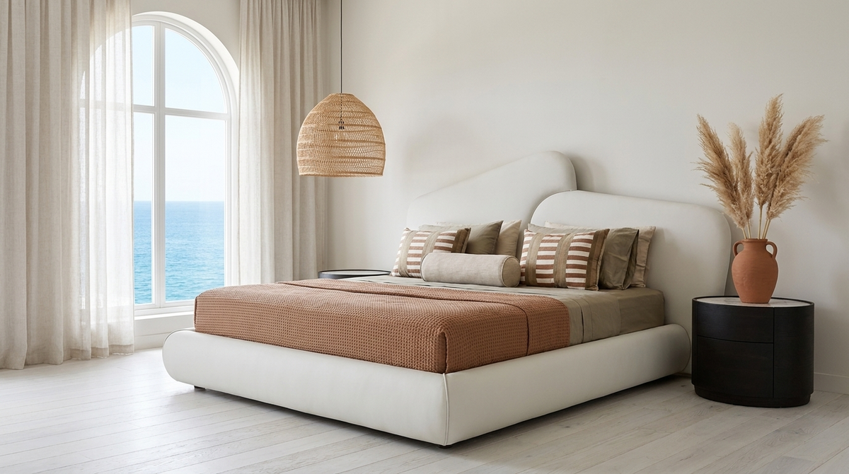 A modern platform bed with a white upholstered frame and a rust-orange textured comforter, styled in a bright, minimalist bedroom with an arched window showing the ocean view.