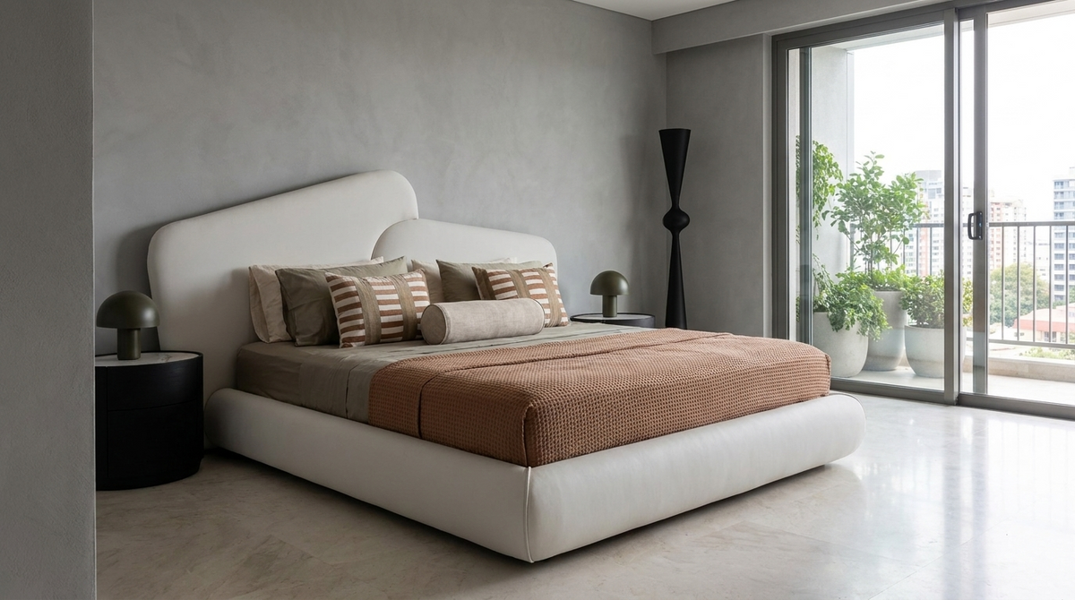 A modern low-profile platform bed with a white upholstered headboard and base, dressed in brown and beige bedding, set in a minimalist bedroom with gray walls and a large glass balcony door.