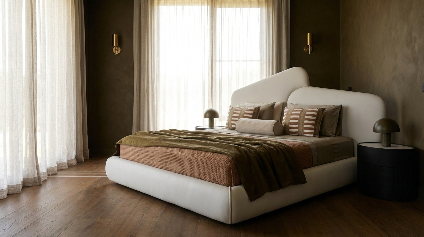 A modern low-profile platform bed with a curved white headboard and footboard, styled with brown and beige bedding in a warm, contemporary bedroom.