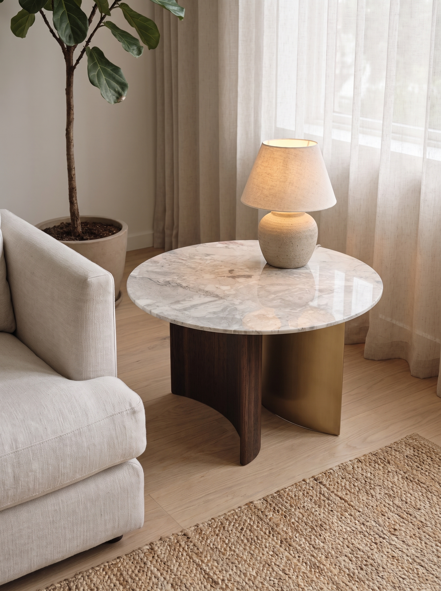 A round marble-top side table with a sculptural dark wood and brushed gold metal base, styled in a bright living room next to a beige sofa and a lit table lamp.