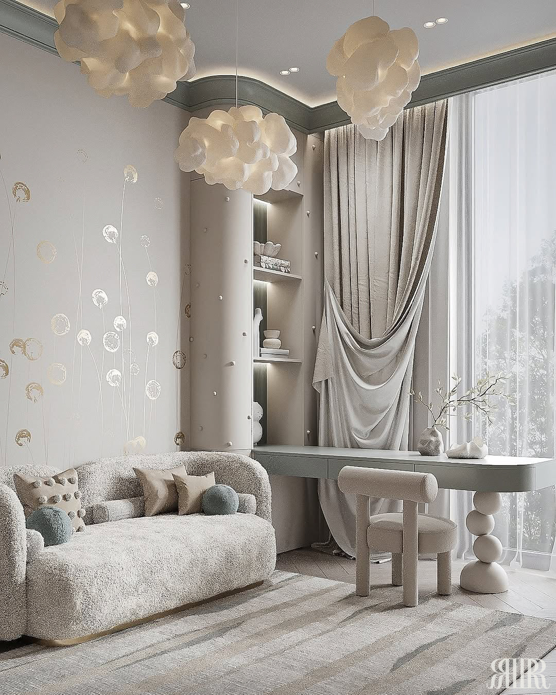 Modern living room with gray sofa, decorative pillows, and cloud-shaped ceiling lights.