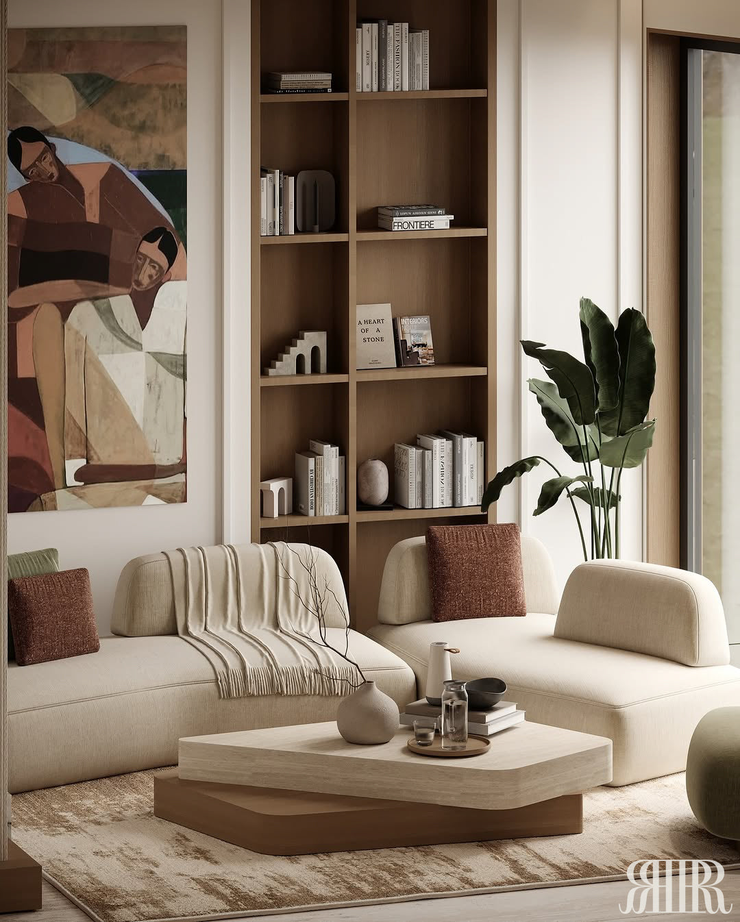Modern living room with beige sofa, bookshelf, and decorative items.