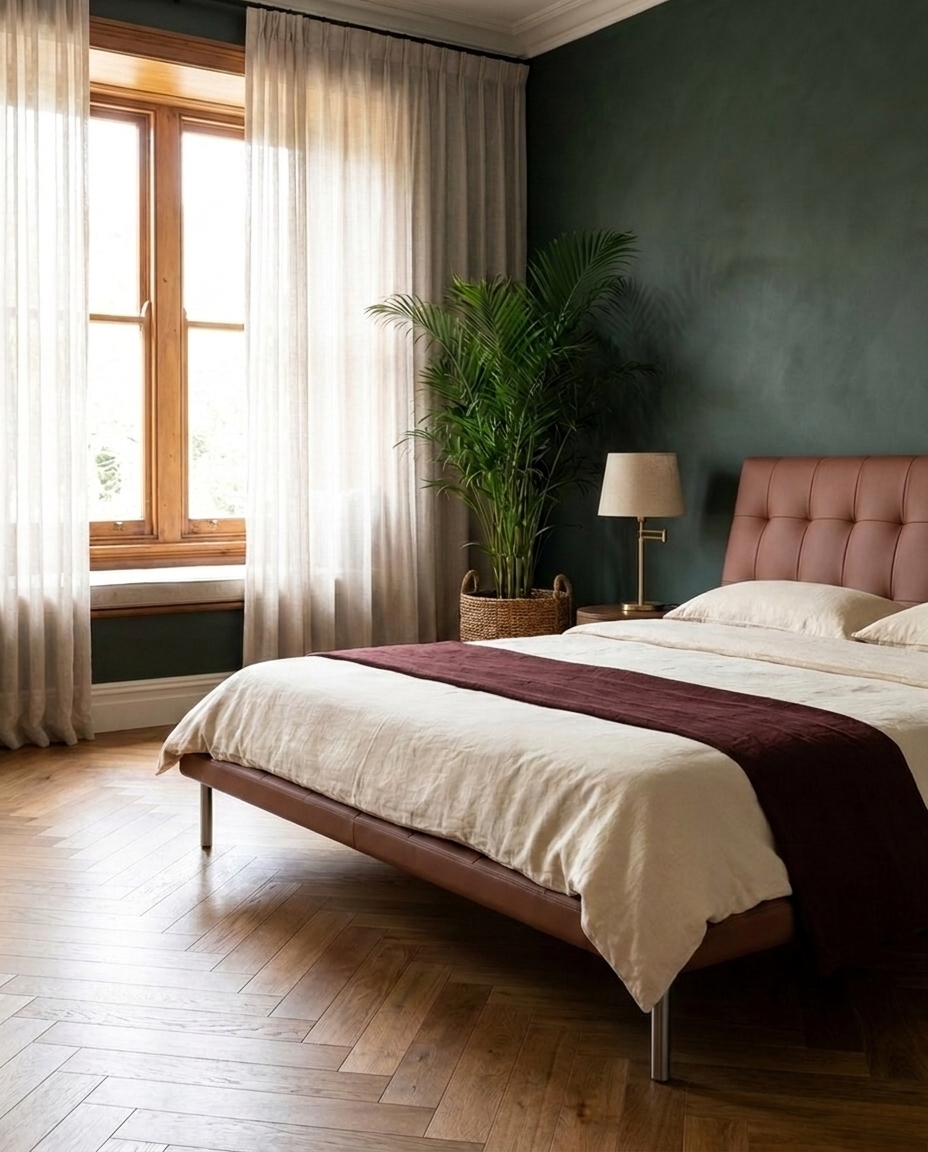 A modern bedroom featuring a low-profile platform bed with a tufted blush pink headboard, dressed in cream bedding with a dark burgundy throw. The room has a dark green textured wall, sheer white curtains by a wooden window, and a tall green potted plant.