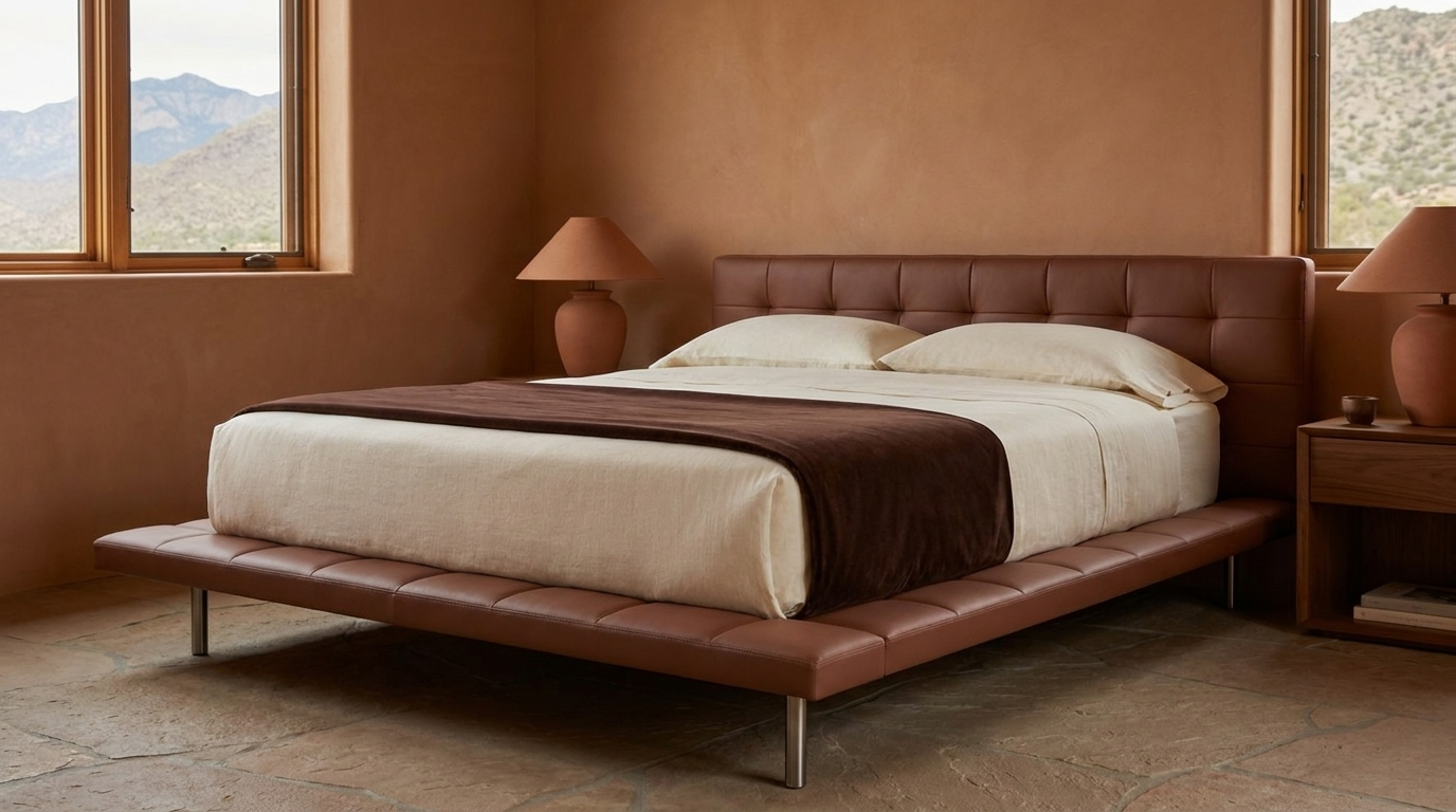 A modern platform bed with a tufted brown leather headboard and matching upholstered base, dressed in cream bedding and a dark brown throw, set in a warm desert-style bedroom with terracotta walls and windows showing mountains outside.
