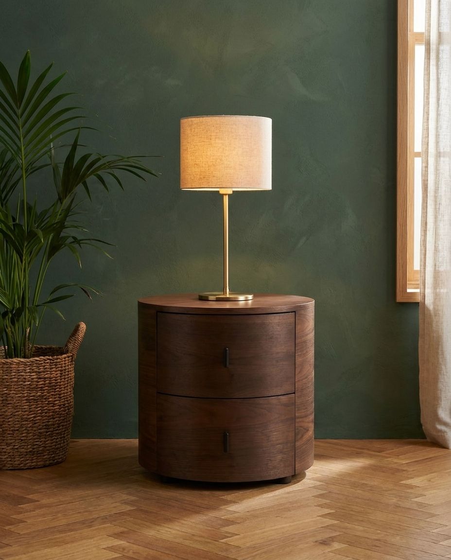 A two-drawer wooden nightstand in a warm dark brown finish, styled in a room with a textured dark green wall, a lit table lamp on top, and a potted plant on a herringbone wood floor.