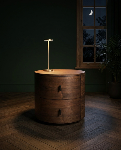 A modern cylindrical wooden nightstand with two drawers and a round top, styled in a dark room with a brass table lamp on top. A window in the background shows a night sky with a crescent moon.