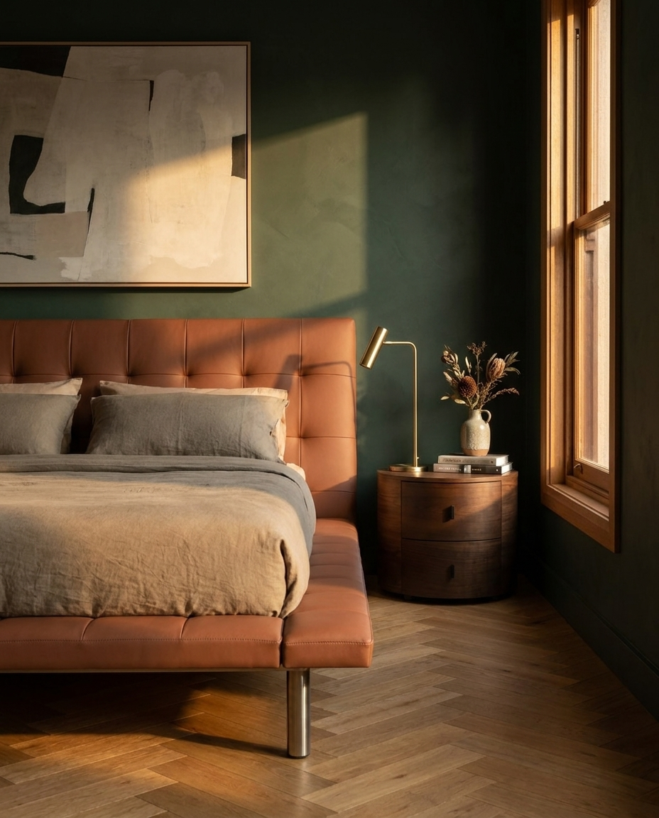A modern bedroom featuring a tufted rust-orange platform bed with gray bedding, a matching headboard, a round wooden nightstand with a gold floor lamp and vase, and a dark green wall with a window casting warm sunlight.