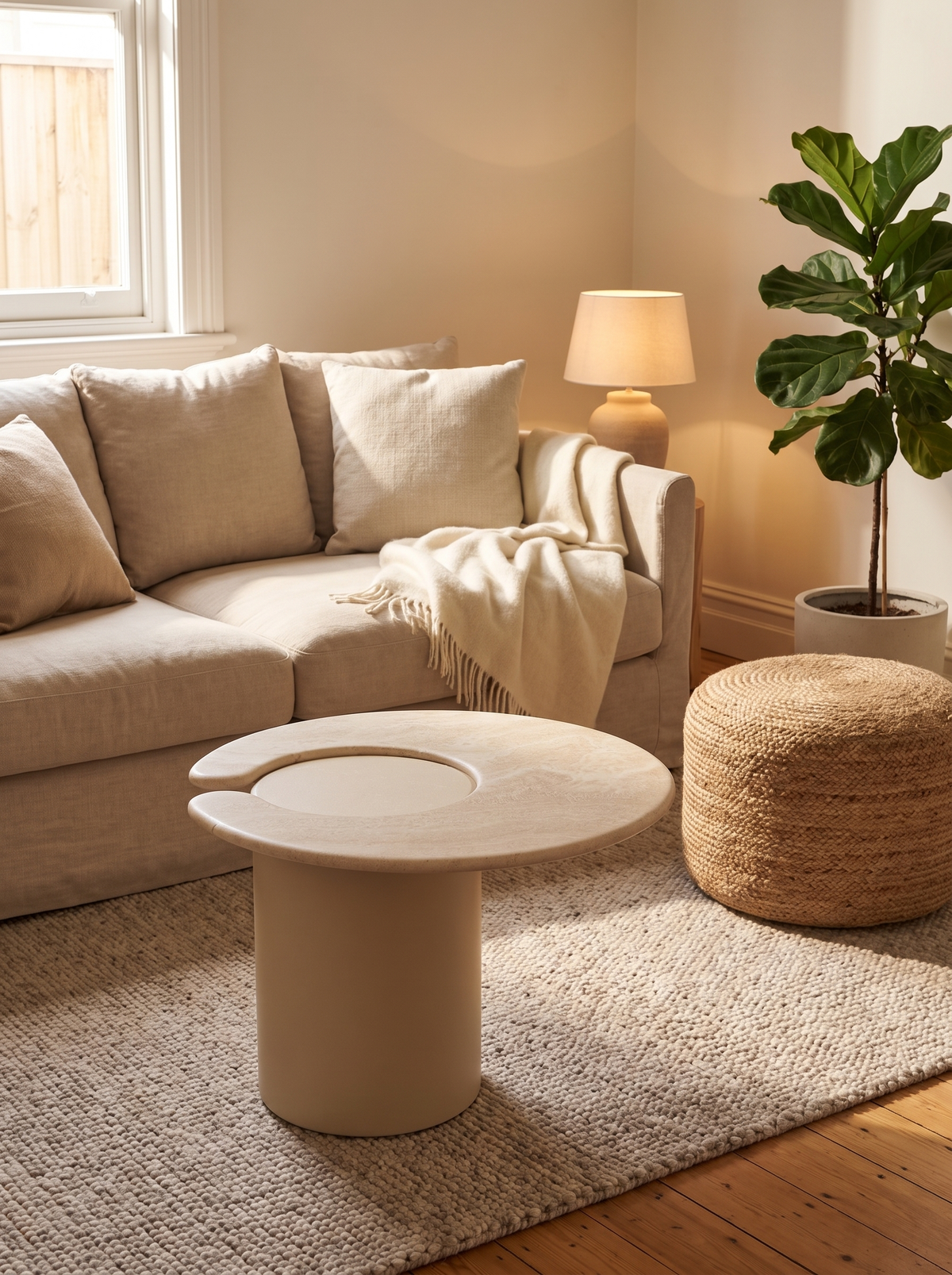 A modern round coffee table with a unique split circular top and a cylindrical base, styled in a warm, neutral-toned living room next to a beige sofa and a woven pouf.