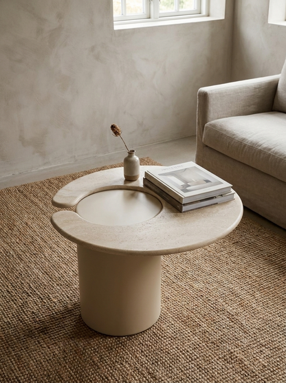 A round concrete coffee table with a central inset and split outer rim, styled in a minimalist living room next to a beige sofa on a woven rug.