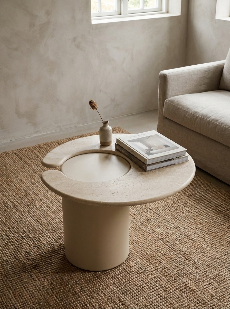 A round concrete coffee table with a central inset and split outer rim, styled in a minimalist living room next to a beige sofa on a woven rug.