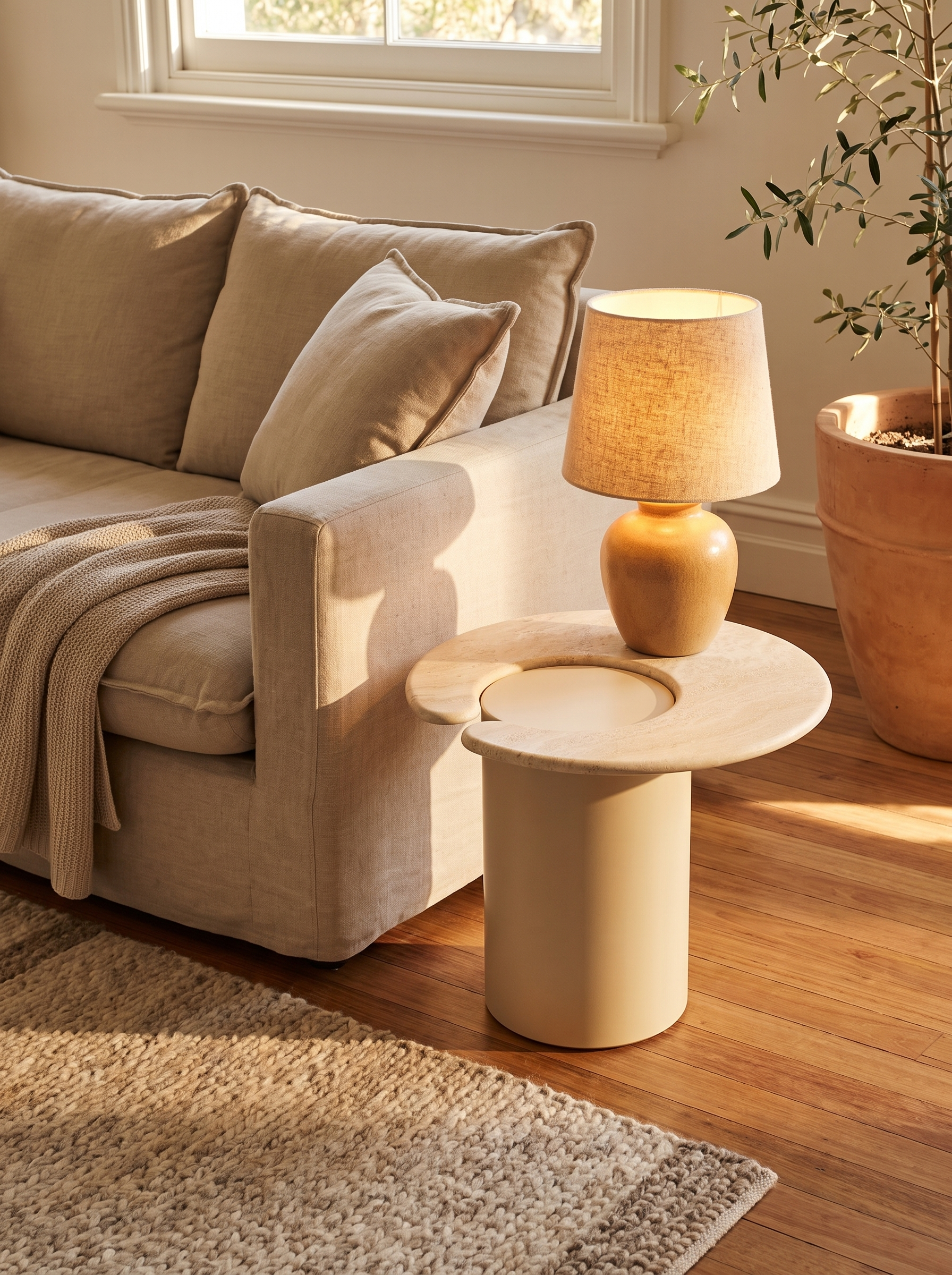A modern round side table in a warm cream finish, styled in a cozy living room next to a beige sofa with a lit table lamp on top.