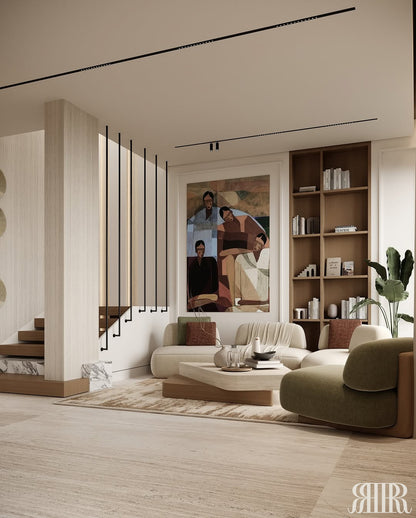 Modern living room with a bookshelf, sofa, and decorative items.
