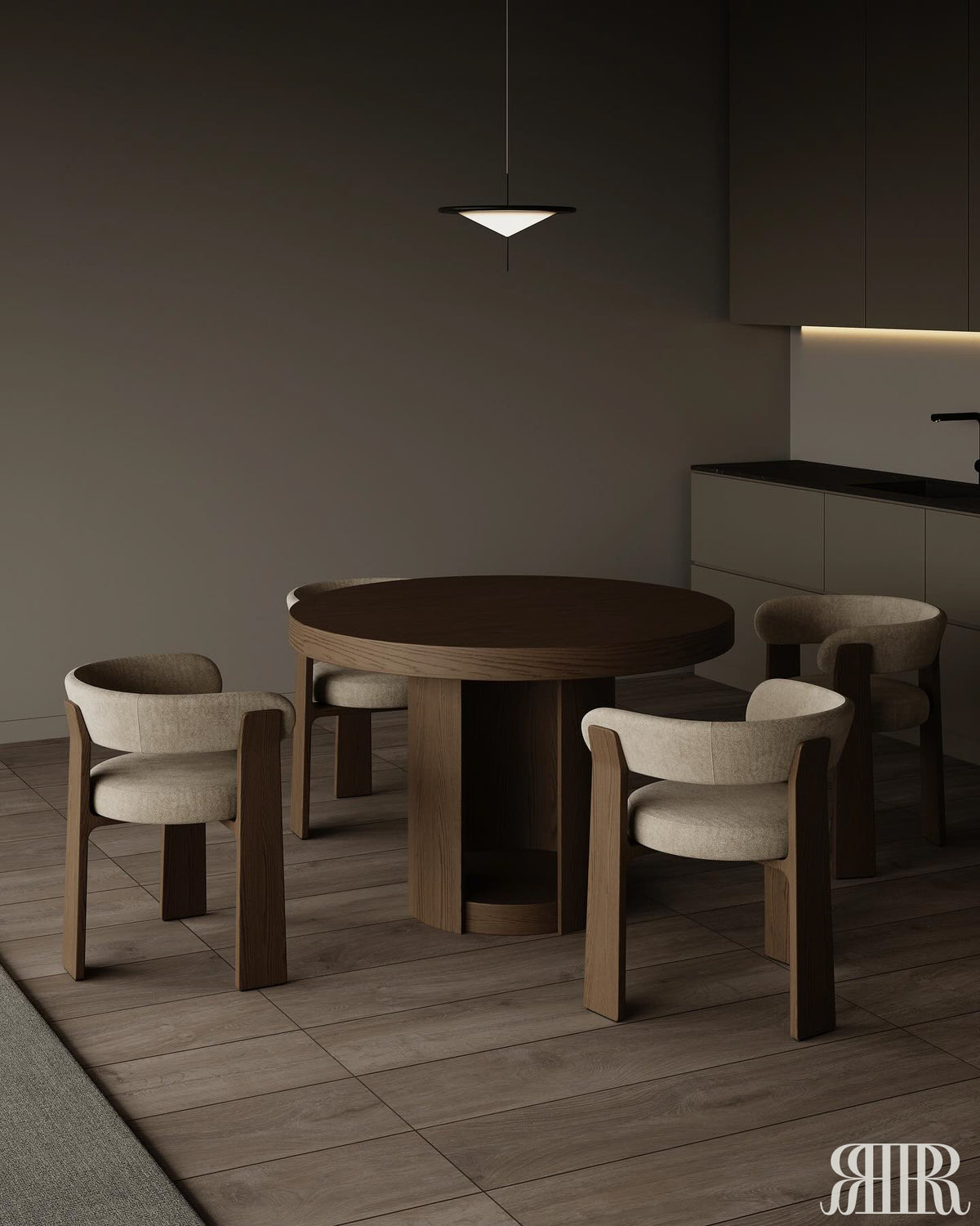 Dining area with a round wooden table and chairs in a modern interior setting.