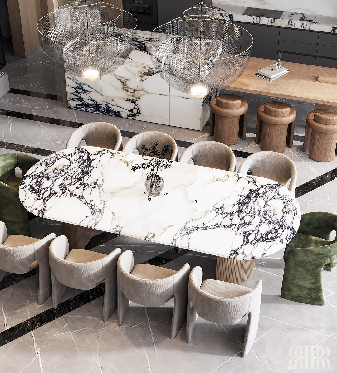 Modern dining room with marble table and chairs in a stylish interior setting.
