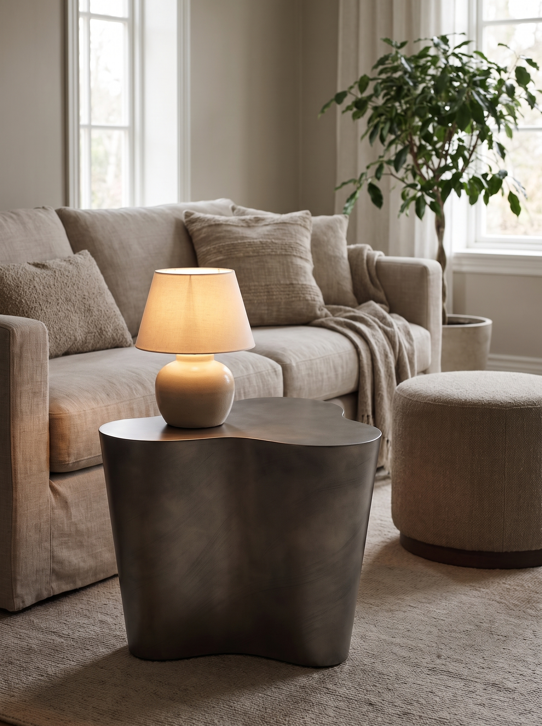 A modern wavy dark grey side table in a cozy living room setting, styled with a lit beige table lamp and surrounded by a beige sofa, textured pillows, a throw blanket, and a matching beige ottoman.