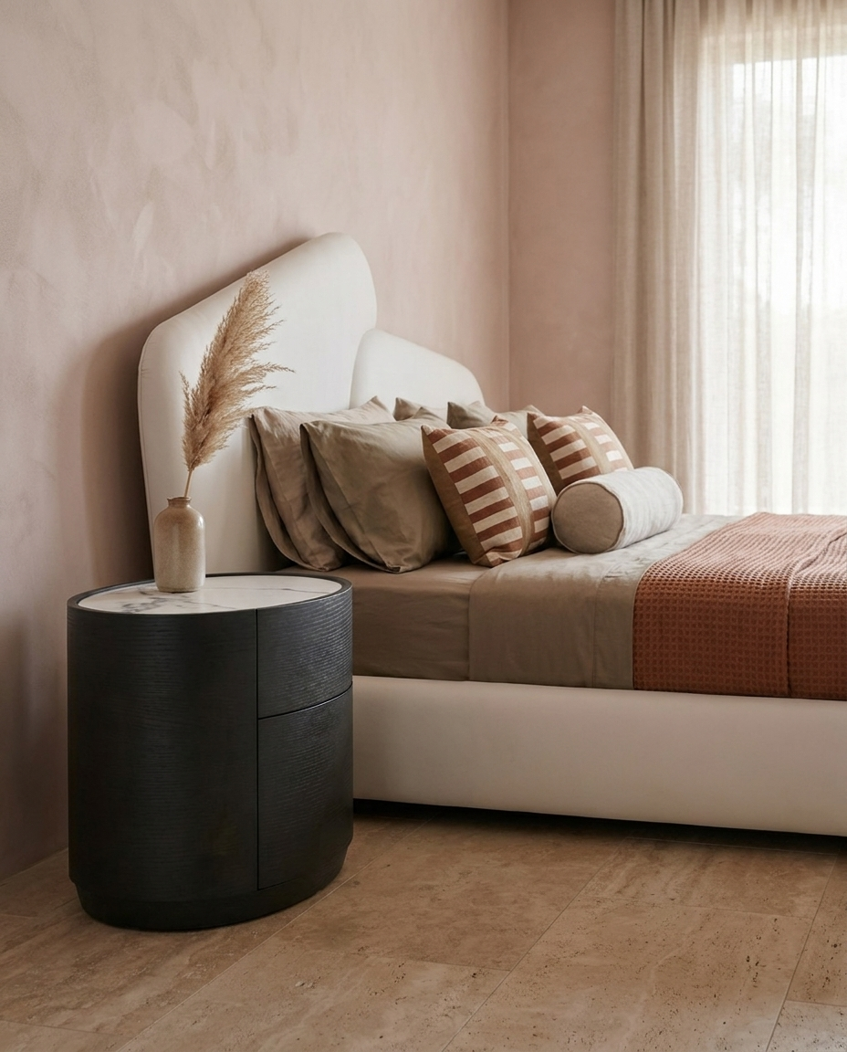 A modern bedroom scene featuring a low-profile platform bed with a curved cream headboard, styled with neutral beige and brown pillows, a textured rust-orange throw blanket, and a dark round nightstand with a vase of pampas grass.