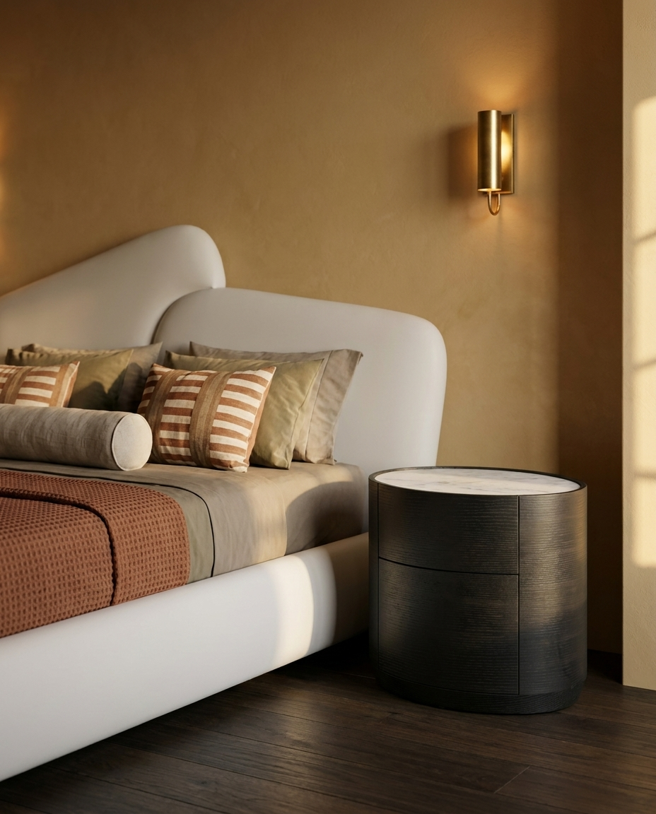 A modern bedroom scene featuring a low-profile white bed with textured brown and striped pillows, a matching brown textured throw blanket, a dark wood cylindrical nightstand, and a warm gold wall sconce against a textured ochre wall.