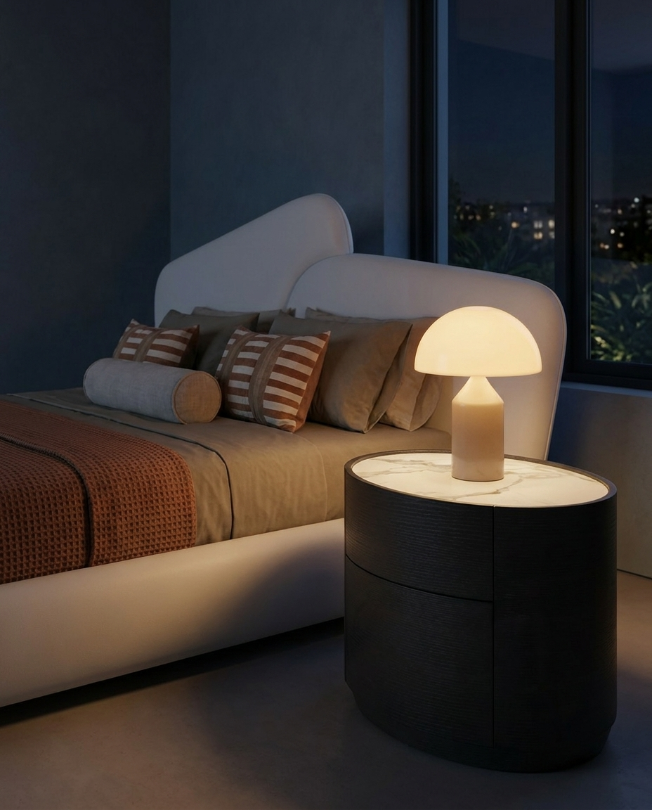 A modern mushroom-shaped table lamp with a glowing illuminated white cap and a beige base, placed on a dark round nightstand next to a bed in a dimly lit bedroom.