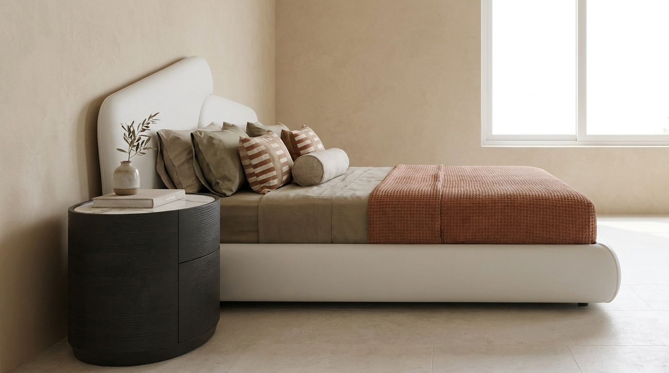 A modern low-profile platform bed with a white upholstered frame and headboard, styled with neutral-toned pillows and a textured rust-orange throw blanket. It is positioned in a minimalist bedroom setting next to a dark gray cylindrical nightstand.
