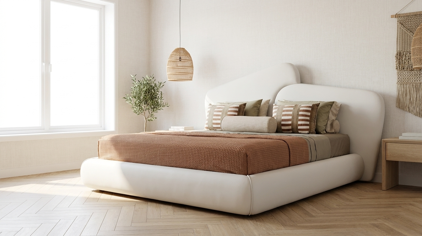 A modern low-profile platform bed with a white upholstered frame, dressed in a rust-brown textured duvet and neutral striped pillows, set in a bright, minimalist bedroom with light wood flooring and a window.