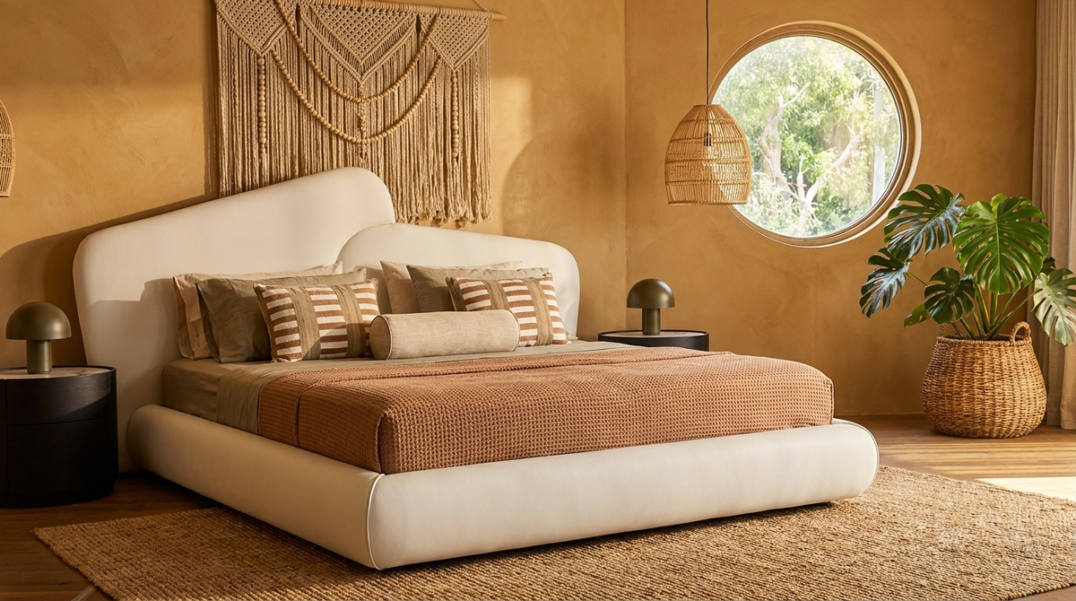 A low-profile platform bed with a curved cream upholstered headboard and footboard, styled with a rust-brown textured duvet and striped pillows, set in a warm bohemian bedroom with a macrame wall hanging, round window, and potted plant.