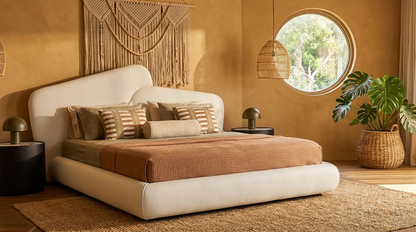 A low-profile platform bed with a curved cream upholstered headboard and footboard, styled with a rust-brown textured duvet and striped pillows, set in a warm bohemian bedroom with a macrame wall hanging, round window, and potted plant.