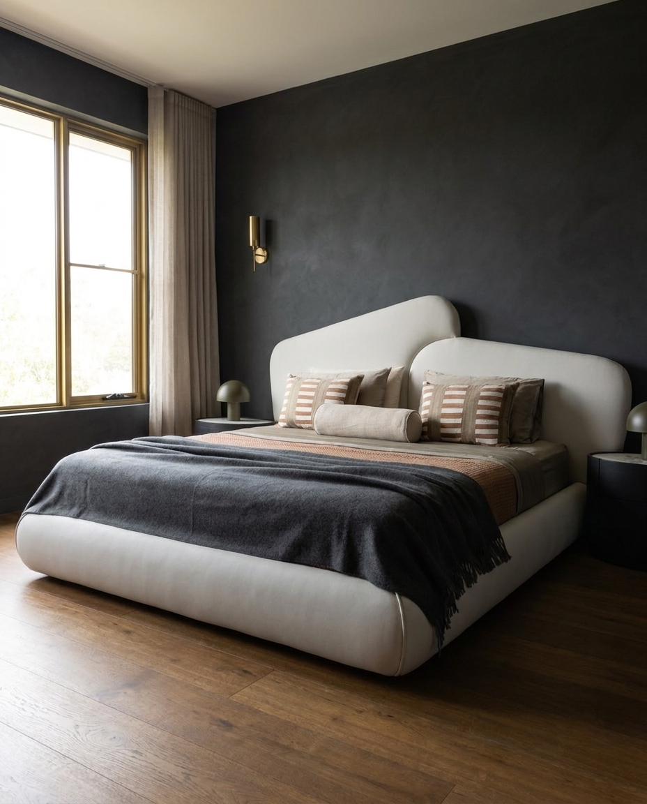 A modern platform bed with a curved, upholstered headboard and footboard in a minimalist bedroom. The bed is dressed in a dark gray throw blanket, striped beige and brown pillows, and set against a dark charcoal wall with a window on the left.