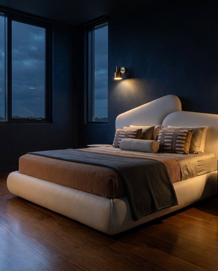 A modern low-profile platform bed with a curved headboard in light beige leather, styled with brown textured bedding and striped pillows, set in a dark navy blue bedroom with wood flooring and a wall-mounted sconce.