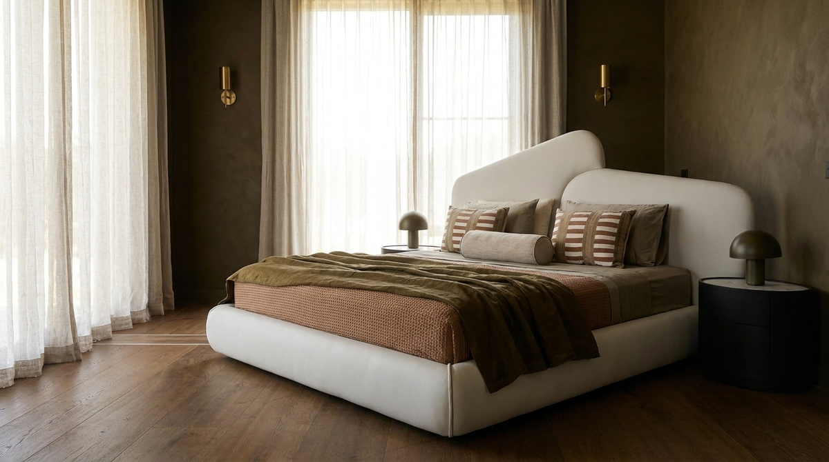 A modern low-profile platform bed with a curved white headboard and footboard, styled with brown and beige bedding in a warm, contemporary bedroom.