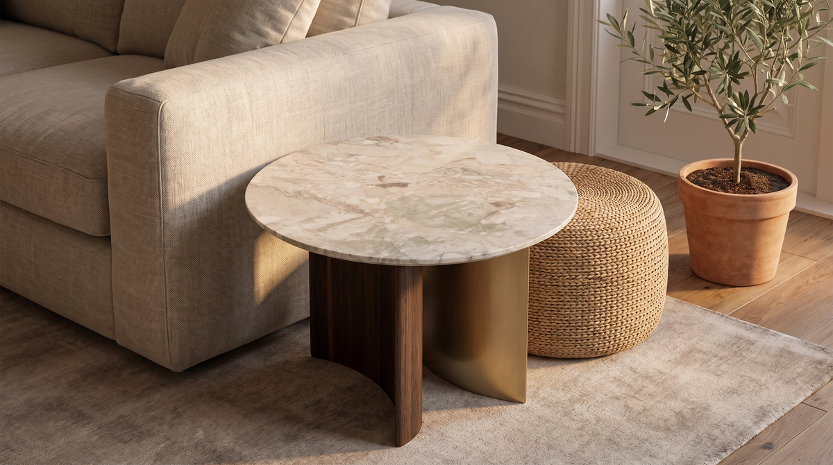 A round coffee table with a light marble top and a gold-toned metal base, styled in a living room next to a beige sofa and a woven pouf.