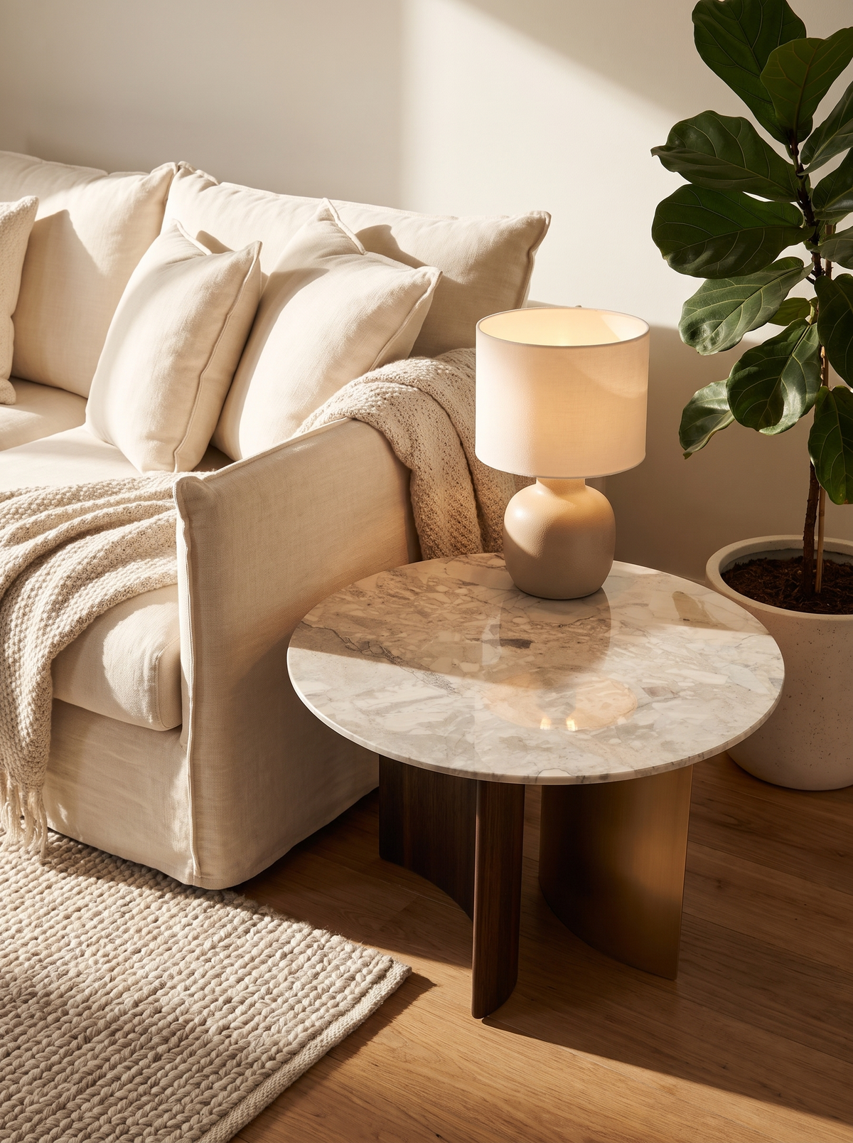 A modern round marble-top side table with a warm wood base in a cozy living room setting next to a cream sofa and a lit table lamp.
