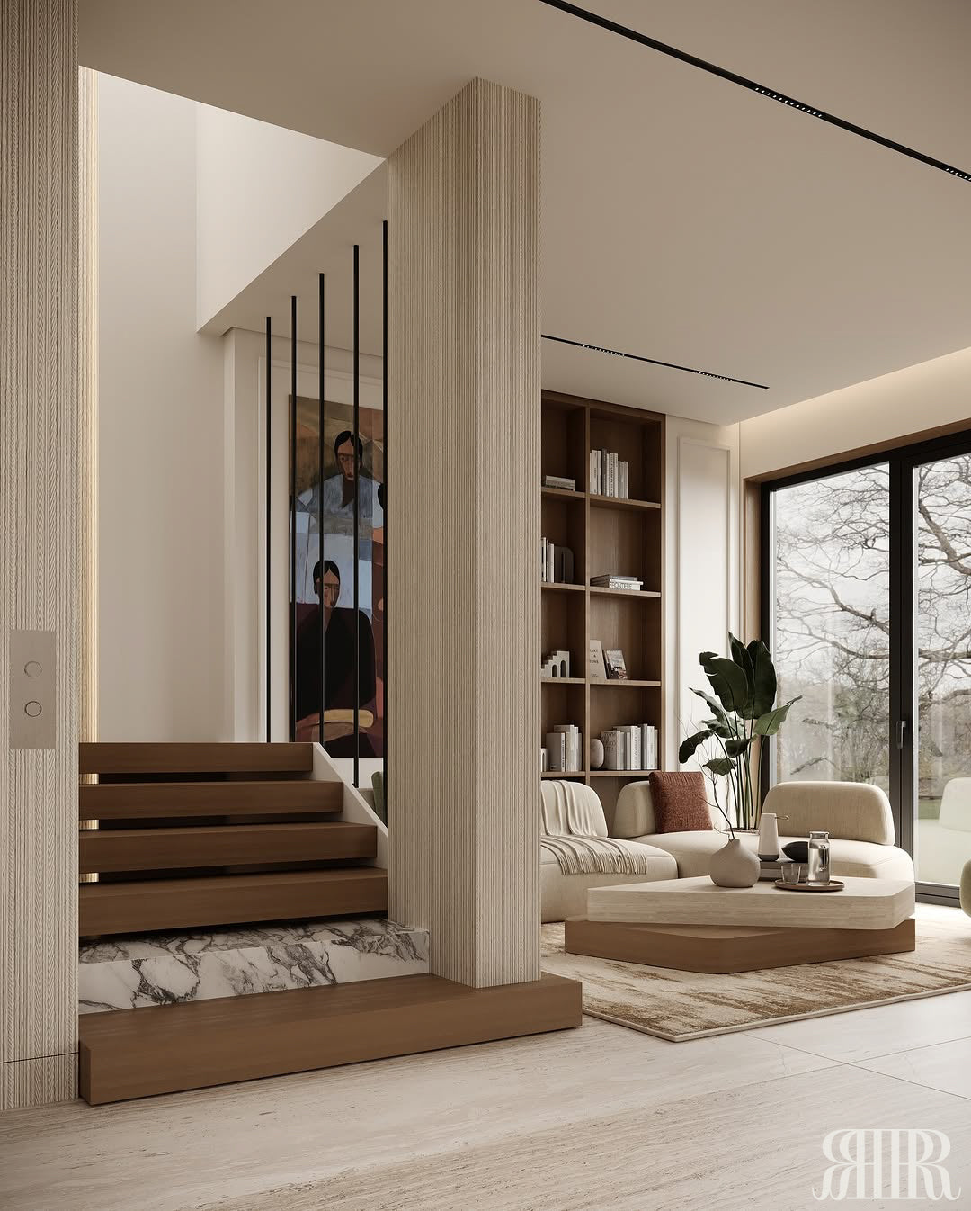 Modern interior design with a large mirror, wooden shelves, and a living room setup.