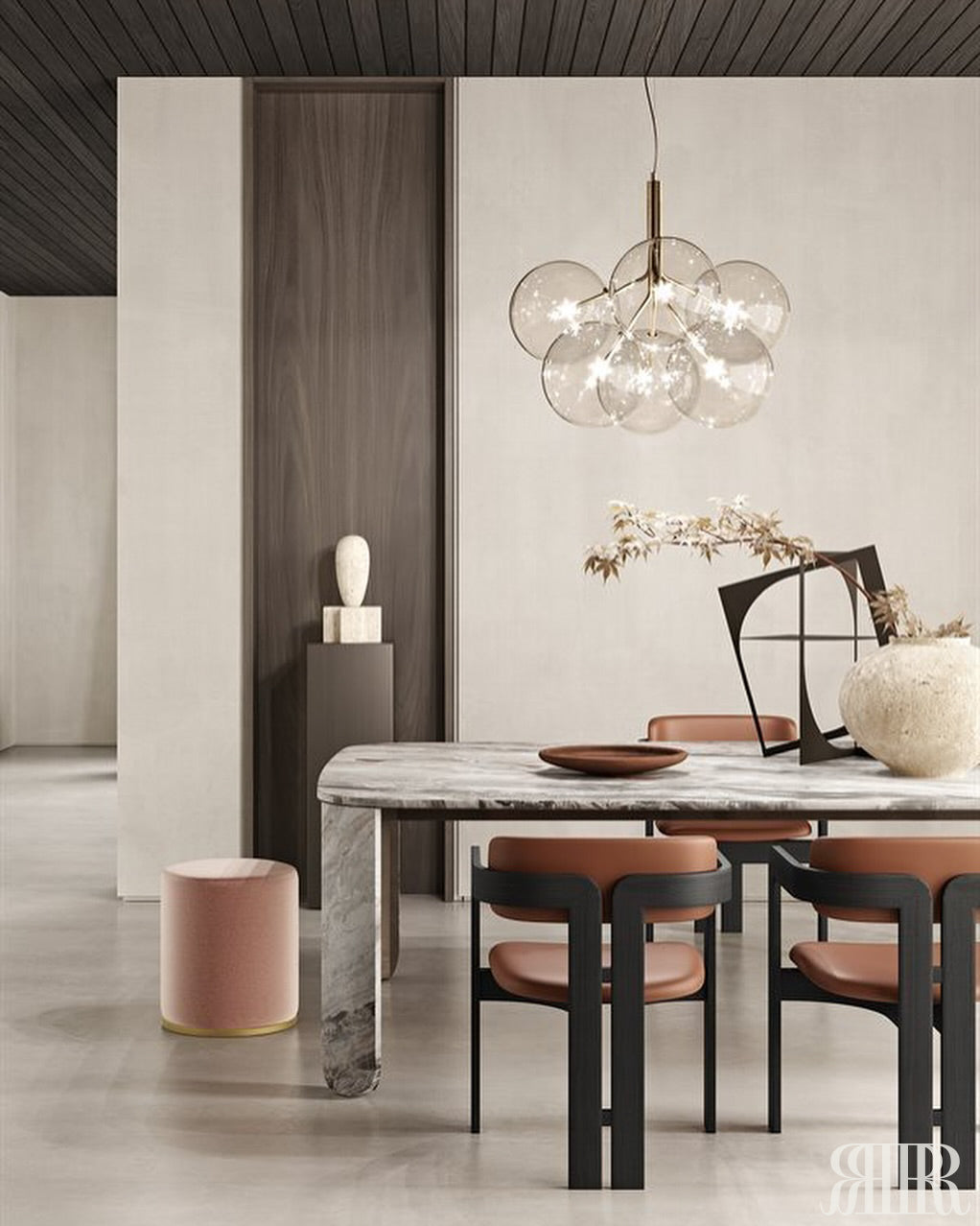 Modern dining room with marble table, chairs, and decorative elements.