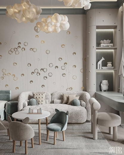Modern living room with decorative wall art, furniture, and lighting fixtures.