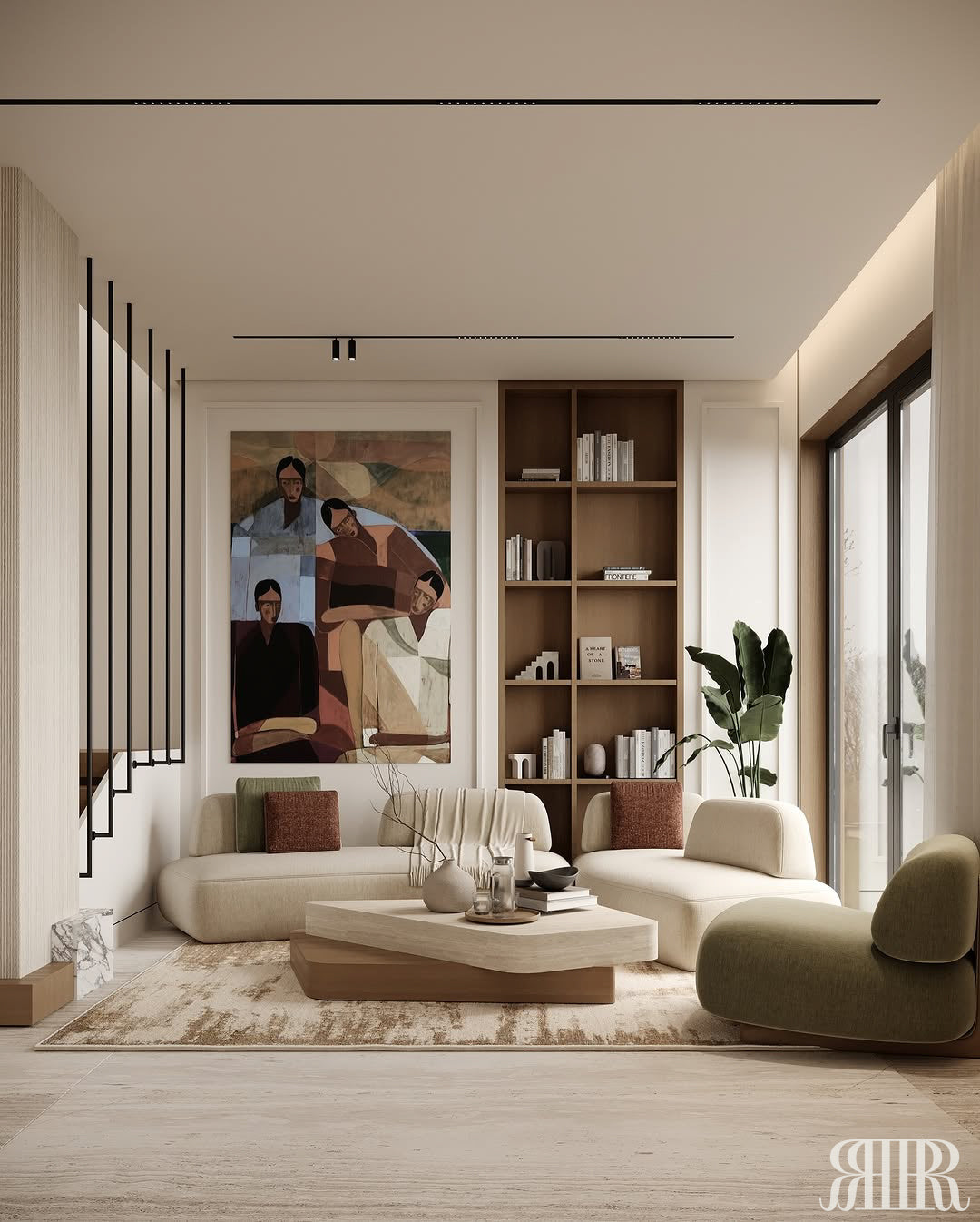 Modern living room with beige sofa, coffee table, and bookshelf.