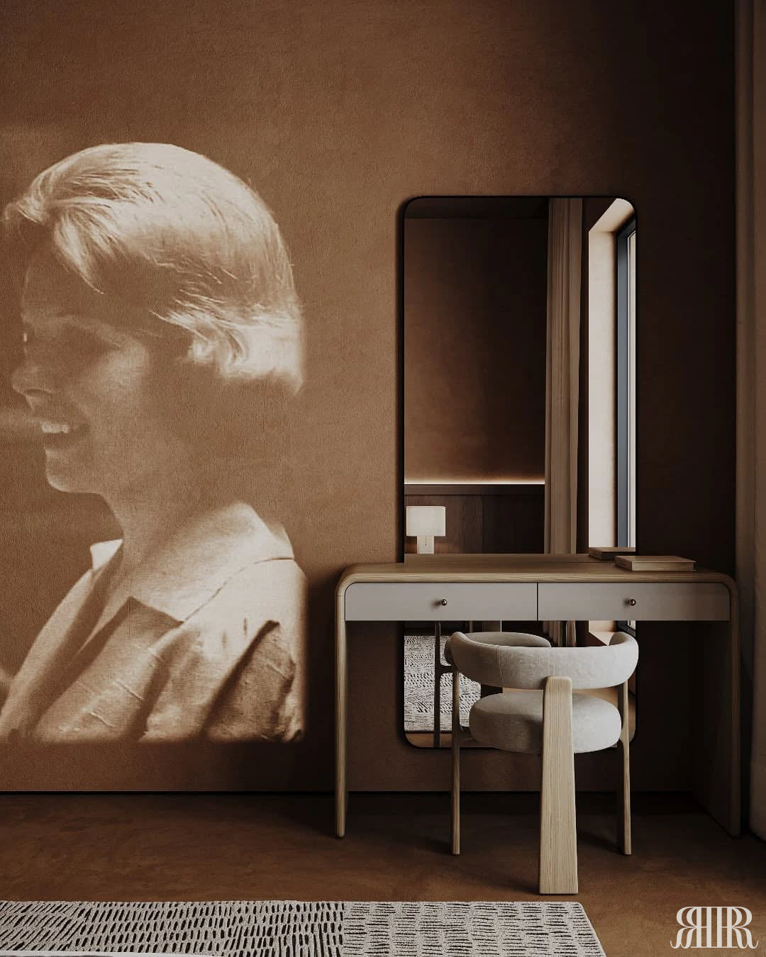 Dressing table with mirror and chair against a wall with a projected image of a woman's face.