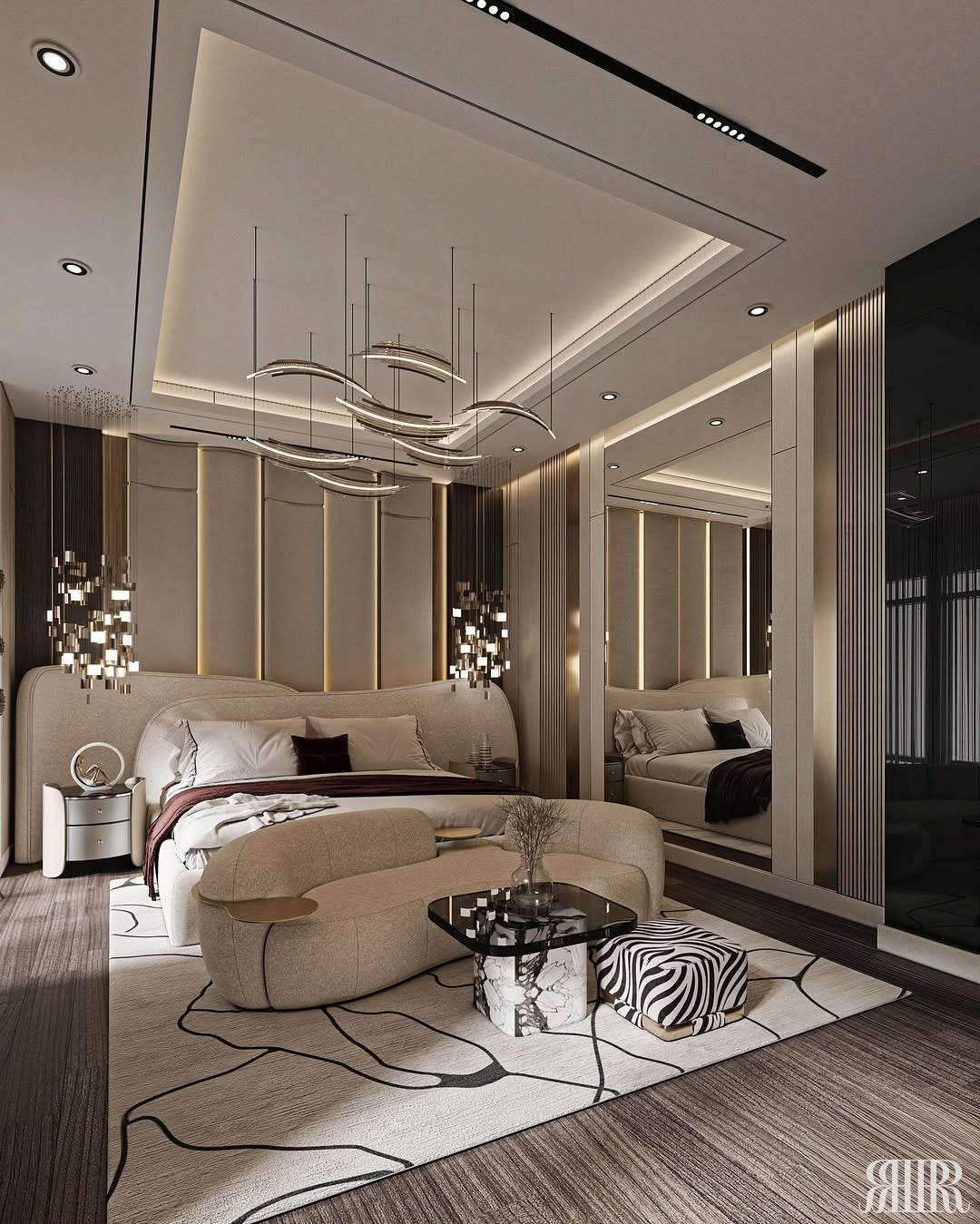 Modern living room with stylish decor and lighting fixtures.