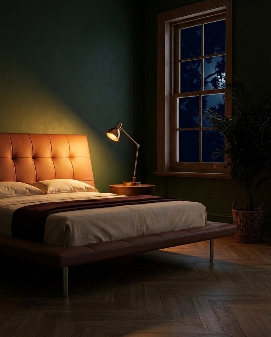 A modern low-profile platform bed with a tufted orange-brown leather headboard and matching upholstered footboard, styled in a dark green bedroom with a lit floor lamp, wooden window, and a potted plant.