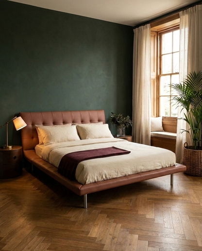 A modern platform bed with a tufted brown leather headboard and matching footboard, styled in a bedroom with a dark green wall, wood herringbone floor, and a large window with sheer curtains.