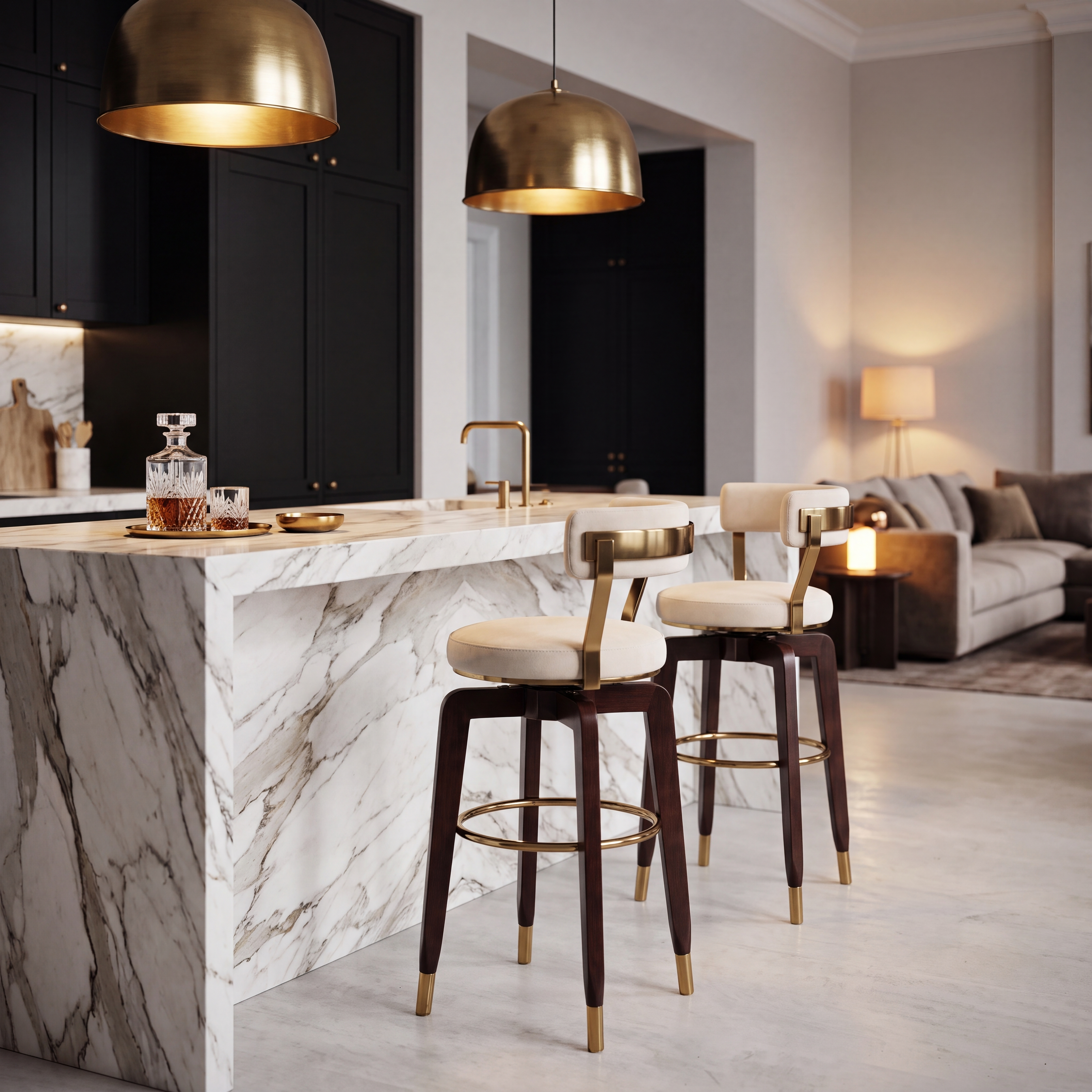 A modern kitchen island with a white marble countertop and backsplash, paired with two bar stools featuring dark wood legs and gold metal accents. The scene is set in a stylish, contemporary living space with black cabinets, gold pendant lights, and a beige sofa in the background.